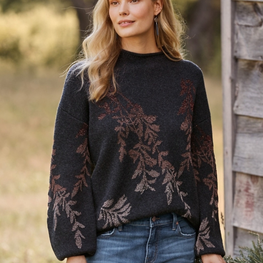 Garnet Hill Merino Wool Blend Shimmering Floral Sweater